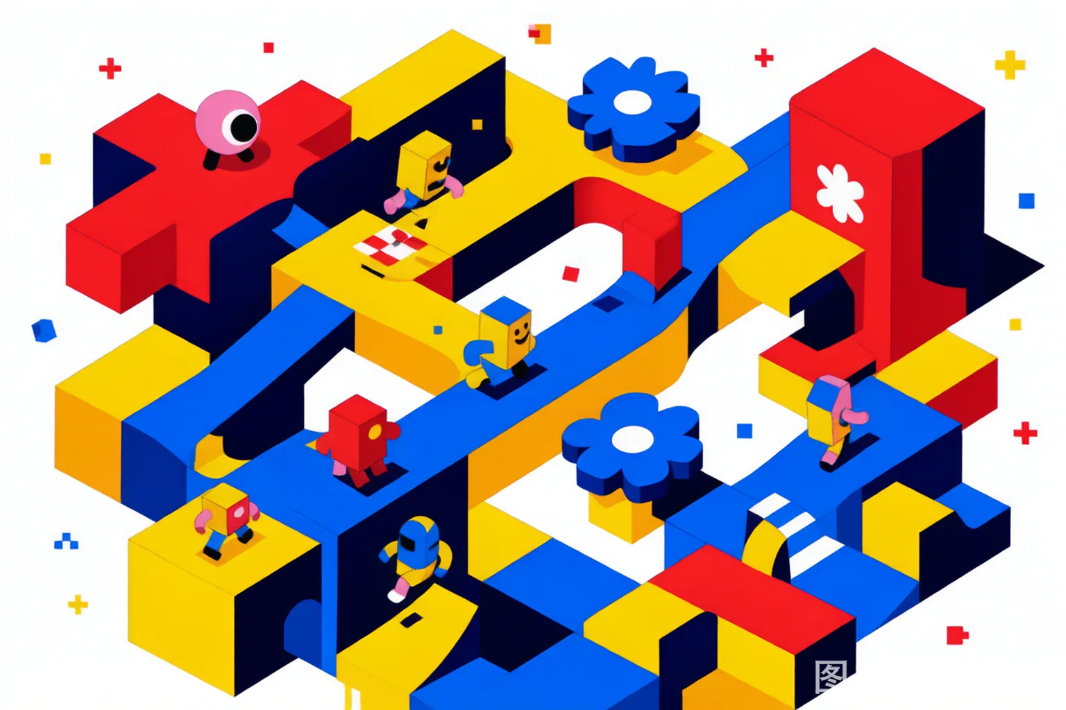 Isometric obstacle course arena with blocky racers in primary colors (AI placeholder key art)